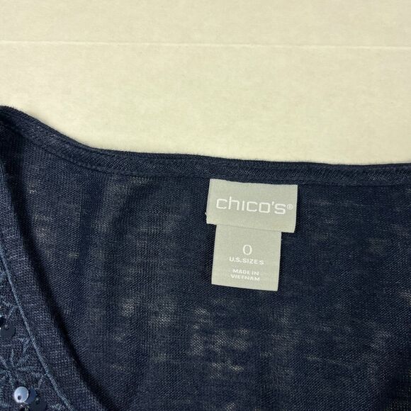 Chicos Linen Knit Tunic Top Navy Blue 3/4 Sleeve Embroidered Sequin Boho 0 SMALL - Picture 5 of 11